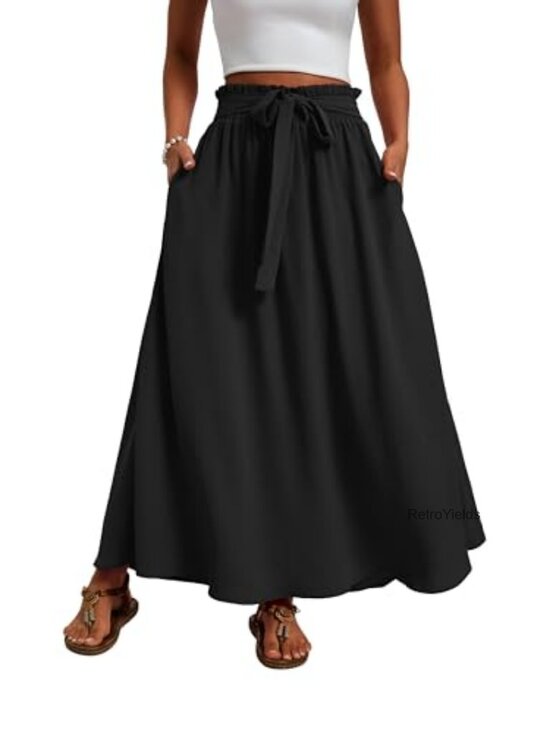 Dresses & Skirts - Womens High Waisted Flowy A Line Maxi Skirt with Tie Waist